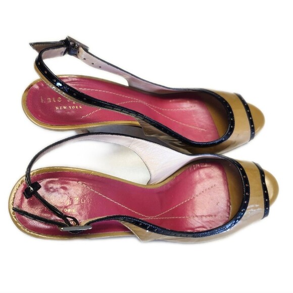 Kate Spade Camel Brown Black Patent Leather Peep Toe Stiletto Heels, 8.5 AA - Picture 2 of 9